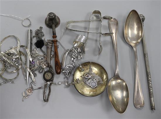 Mixed silver and jewellery including candle snuffer, spoons, pen, wrist watch, etc.